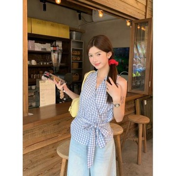 韓版時尚百搭格子V領無袖背心女夏季2026新款收腰顯瘦撞色上衣ins
