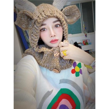 秋冬卡通小鹿毛線帽子動物麋鹿斗篷帽兒童鉤針圍脖手套針織帽男女
