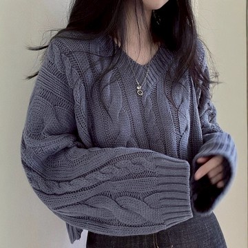 【JDUDS】【現貨快發】韓系秋冬復古麻花V領寬鬆毛衣 針織上衣 短版上衣 針織衫 V領毛衣 長袖針織毛衣
