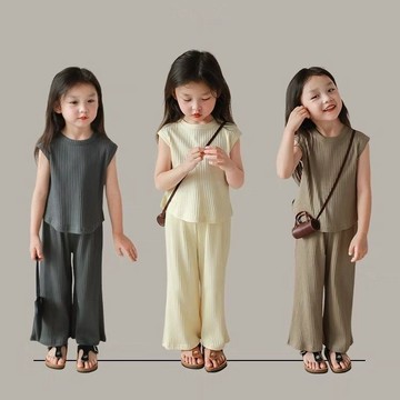 2025夏季新款女童寶寶冰絲套裝夏裝寬鬆無袖背心上衣長褲洋氣兩件套韓版童裝