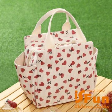 iSFun 日系清新 保溫保冷燈芯絨手提便當袋 米色愛心