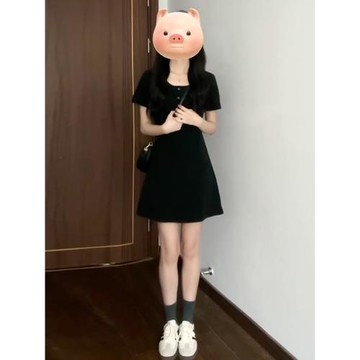 小個子短袖連衣裙女2025新款夏季休閑氣質黑色收腰顯瘦a字短裙子