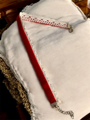 紅色天鵝絨蕾絲頸鍊  哥特風神秘緞帶項鍊 搭配白色蕾絲飾邊