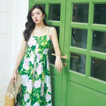 法式復古純棉印花吊帶裙大擺連衣裙碎花中長款度假vintage初戀裙