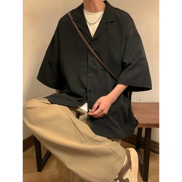 古巴領襯衫男士短袖夏季薄款寬松大碼免燙襯衣美式復古西裝領外套