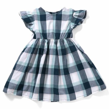 日本 apres les cours - 百搭款小荷葉短袖洋裝-格子-深藍