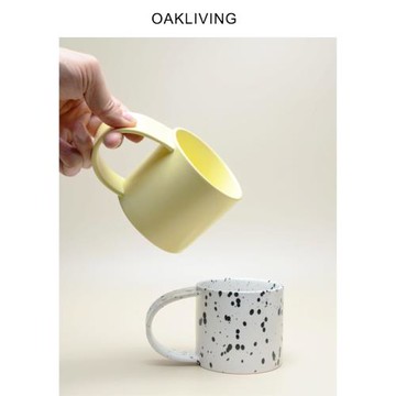 oakliving小眾簡約陶瓷馬克杯水杯咖啡杯復古時髦潑墨奶黃大把手
