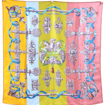 HERMES 愛馬仕 粉/綠/藍/黄色 LA SELLE IMAGINAIRE 絲綢 絲巾 003846S 65x65 【二手名牌BRAND OFF】