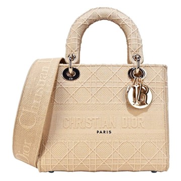 DIOR LADY D-LITE 帆布籐格紋刺繡手提斜背包(米)