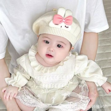 四季適用💖嬰兒帽子 春秋款可愛超萌女寶寶貝雷帽 公主新生幼兒毛綫兒童針織帽