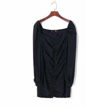 秋季女裝時尚韓版純色氣質方領泡泡袖褶皺修身顯瘦連衣裙