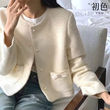 初色 小香風氣質短款純色單排珍珠扣蝴蝶結口袋圓領長袖外套女外套-共2色-17337(F可選)