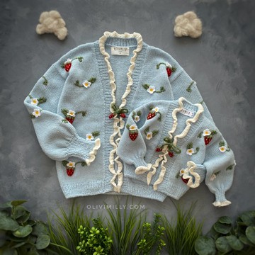 草莓成人開衫，刺繡手工針織開衫