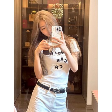 【NZN】美式復古夏季緊身顯瘦純棉設計感上衣珍珠鏈白色短袖T恤