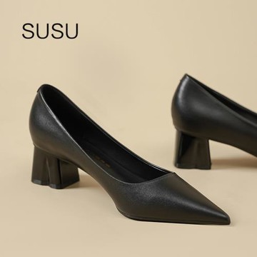 粗跟黑色高跟鞋女春職業皮面工作面試舒適正裝氣質高級不累腳單鞋
