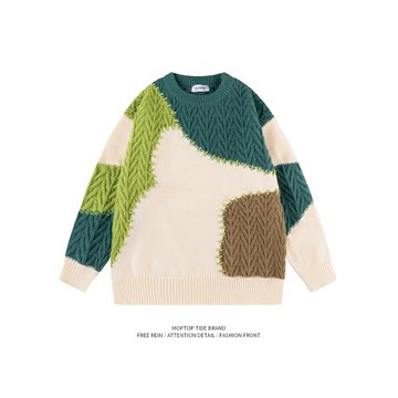 WHXS日系復古不規則撞色慵懶風軟糯男女潮牌寬松圓領針織衫毛衣