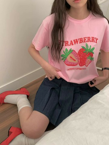韓國東大門正品 可愛萌妹 草莓甜心 百搭實穿 圓領短袖上衣 短T