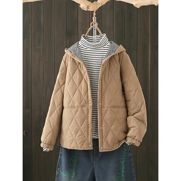 秋冬大碼200斤胖妹妹棉服女寬松顯瘦純色菱格連帽加厚外套短棉襖