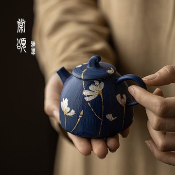 棠頌丨全手作純金銀茶壺手繪格桑花泡茶壺克萊因藍陶瓷茶具帶過濾