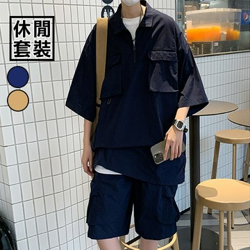 休閒套裝 日系工裝翻領多口袋七分袖寬鬆休閒工裝短褲 現+預【NL623281】