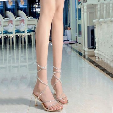 水鉆涼鞋女夏季仙女風2024年新款透明綁帶纏繞細跟性感水晶高跟鞋