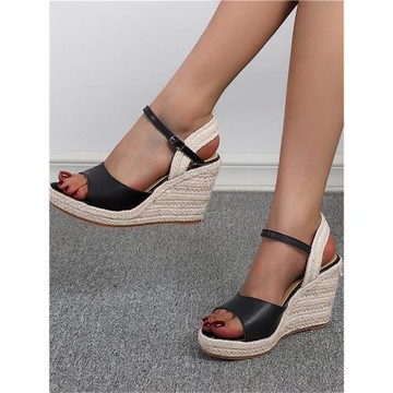 坡跟大碼43時尚一字扣羅馬高跟草編漁夫鞋舒適魚嘴涼拖女鞋wedges