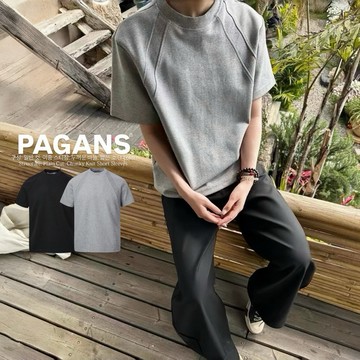 【PAGANS STORE】韓國 美式 素面 粗縫線 微高領 百搭 簡約 結構 拼接 boxy 短袖 短Tee