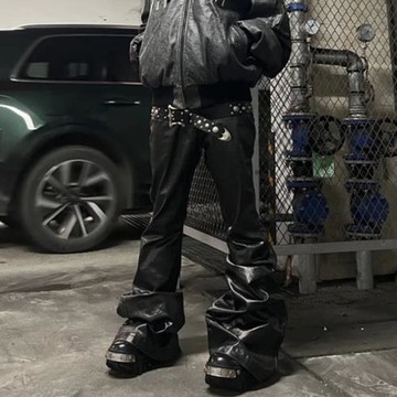 高街美式ro風格涂層亮面漆皮微喇叭牛仔褲男潮牌暗黑小眾拖地褲子