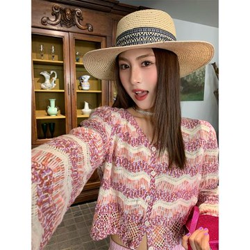 今嶼花花 粉色V領鏤空針織衫薄款女2025新款防曬開衫外搭罩衫短款