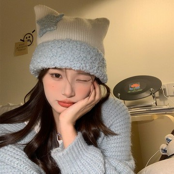 日系甜美可愛貓耳朵亞比風毛線帽子女秋冬保暖護百搭耳套頭針織帽