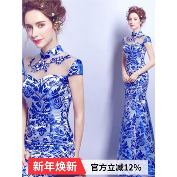 優雅藍色青花瓷生日藝考晚宴年會主持人大合唱演出旗袍晚禮服2532