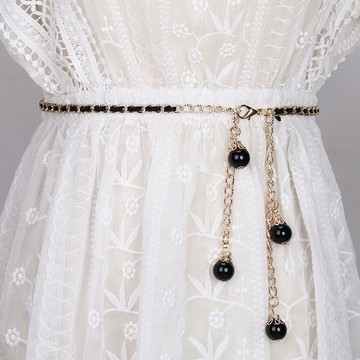 腰鏈珍珠流蘇金屬鏈條細女裝飾連衣裙簡約百搭貼身性感收腰繩鏈【淘夢屋】