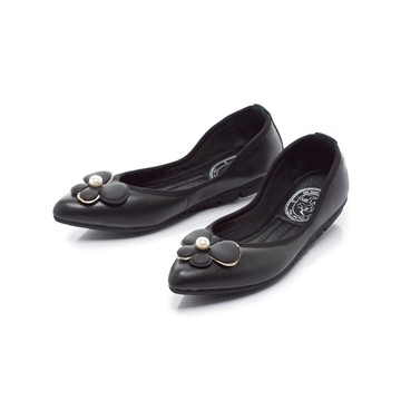 我的旅行日記  柔美花朵飾釦尖頭平底娃娃鞋  黑 (503187)