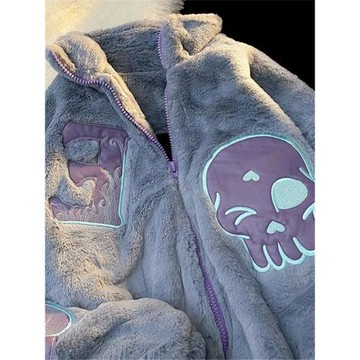 胖mm300斤大碼美式復古羊羔毛絨棉服女秋冬寬松刺繡字母立領外套