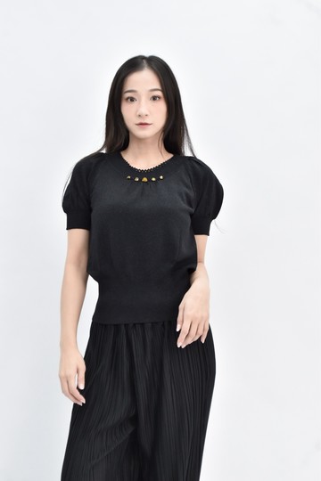 (S) mysheros 黑色微閃鑲鑽短袖上衣