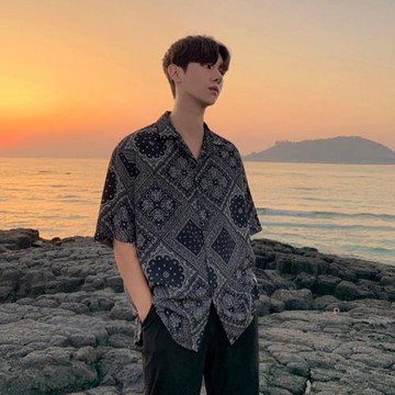 MRCYC短袖襯衫男寬松腰花果五分袖襯衣男士韓系潮流帥氣半袖上衣