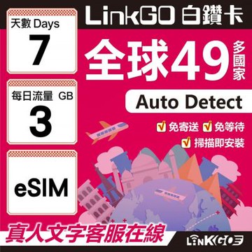 LINKGO白鑽卡 全球49國 eSIM卡 7天上網卡 每日3GB(全球網卡 亞洲 歐洲 美洲 大洋洲 非洲)