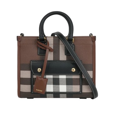 BURBERRY Freya 格紋帆布拼皮革迷你二用托特包(暗樺木棕色)