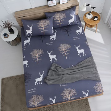 Ishur 伊舒爾 雲絲棉床包 + 枕套  單人  森林之鹿 藍色  1組