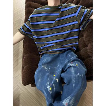 小領口條紋短袖男款夏季重磅日系復古T恤寬松高級感純棉半袖上衣