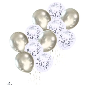 金屬印花亮片乳膠氣球 Set 6  12吋 亮片*3+煙火造型*3  銀色  2組