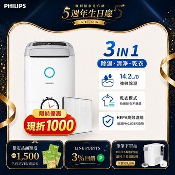 現折1000再送1000★送2年份濾網+享節能補助$1200★飛利浦 14.2L抗敏清淨除濕機-星空灰(DE5306/81)-適用18坪