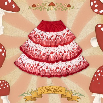 Meugler牛稠島 童話劇場 小紅帽蘑菇多層印花紅格蛋糕裙半裙