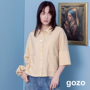 【gozo】涼感立體短袖襯衫附髮圈(淺黃_F) | 女裝 襯衫領 涼爽