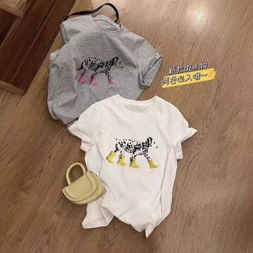 🚀台灣出貨+虧本衝評🚀日本🇯🇵 棉韓國設計感卡通狗狗印花圓領短袖百搭寬松T恤女上衣ins風中長款