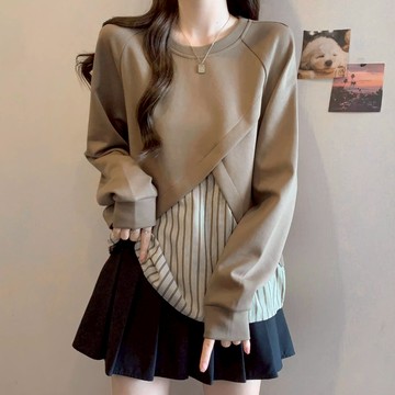 春季韓系假兩件無帽大學T套頭上衣