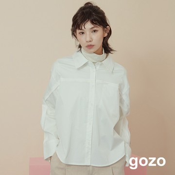 【gozo】抗皺造型剪接背後打褶長袖襯衫(黑色/白色_F) | 女裝 襯衫領 百搭