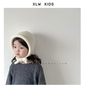 ins風簡約純色兒童秋冬系帶毛線帽保暖針織男女童寶寶套頭護耳帽