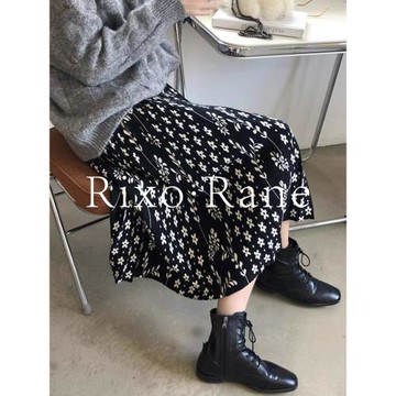 法國Rixo Rane顏值敲贊⭐黑色碎花a字百褶傘裙高腰顯瘦半身裙子女