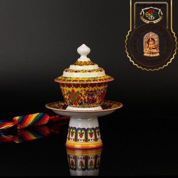 西藏紅吉祥八寶圖案陶瓷茶杯民族特色餐具高腳杯茶盞供上師用